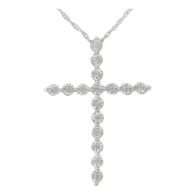 .925 Sterling Silver 1/6 Cttw Brilliant-Cut Diamond Miracle-Set Shared Prong Cross 18″ Pendant Necklace (I-J Color, I2-I3 Clarity)