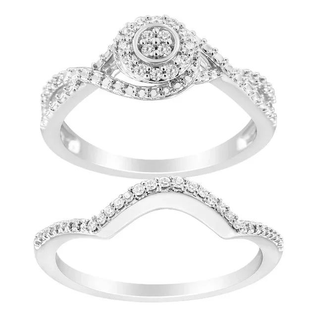 .925 Sterling Silver 1/6 Cttw Diamond Composite Halo and Split Shank Bridal Set Ring and Band (I-J Color, I3 Clarity) – Size 6