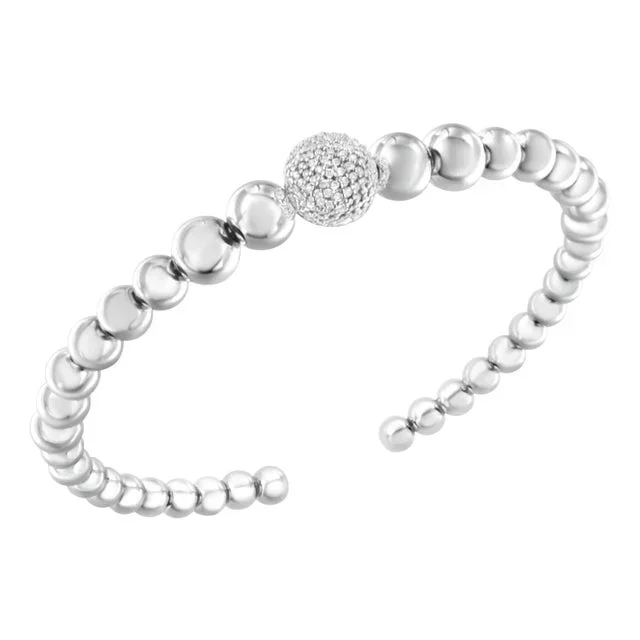 .925 Sterling Silver 1/6 Cttw Diamond Rondelle Graduated Ball Bead Cuff Bangle Bracelet – Fits wrists up to 7 1/2 inches