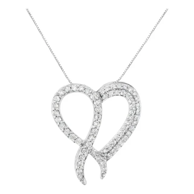 .925 Sterling Silver 1 cttw Diamond Heart and Ribbon 18″ Pendant Necklace (I-J Clarity, I2-I3 Color) – 18″