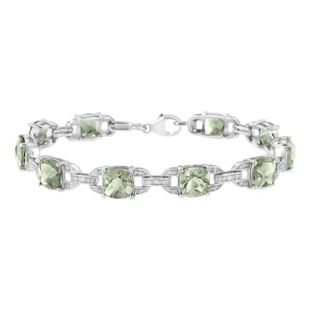 .925 Sterling Silver 7×7 mm Cushion Cut Green Amethyst and 1/20 cttw Round Cut Diamond Fashion Tennis Bracelet – 7″