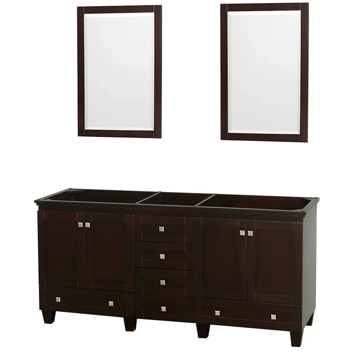 Acclaim 72 Inch Double Bathroom Vanity In Espresso, No Countertop, No Sinks, And 24 Inch Mirrors