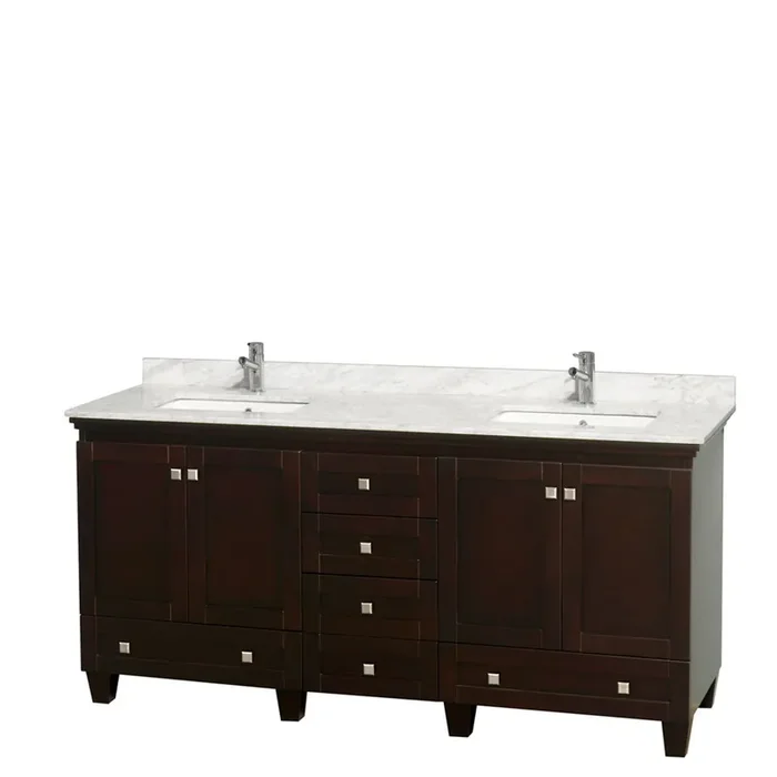 Acclaim 72 Inch Double Bathroom Vanity In Espresso, White Carrara Marble Countertop, Undermount Square Sinks, And No Mirrors