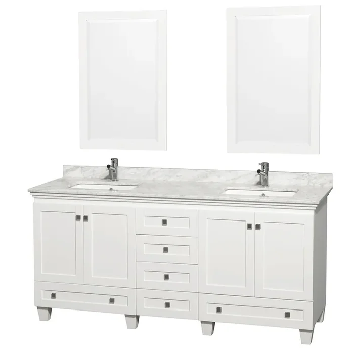 Acclaim 72 Inch Double Bathroom Vanity In White, White Carrara Marble Countertop, Undermount Square Sinks, And 24 Inch Mirrors