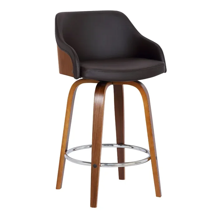 Alec Contemporary 30″ bar Height swivel Barstool In Walnut Wood Finish And Brown Faux Leather