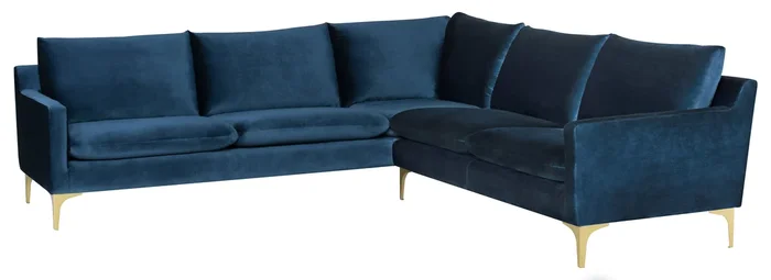Anders Sectional Sofa – Midnight Blue with Brushed Gold Legs, 103.8in