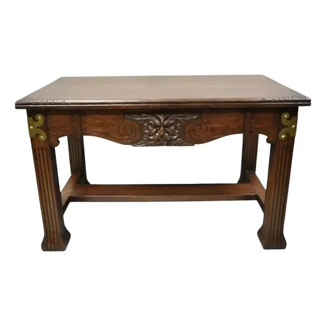 Antique Art Nouveau Carved Oak Northwind Face Desk Library Table With One Drawer