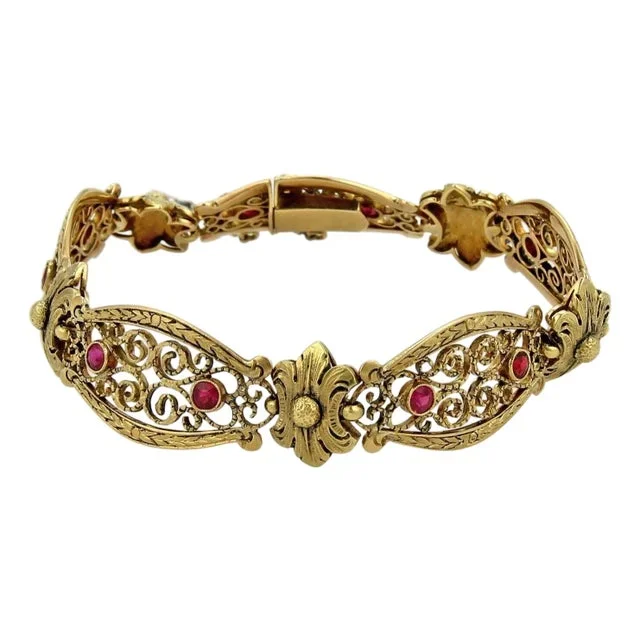 Antique Fancy Long Floral 18 Yellow Gold & Red Stones Open Link Bracelet