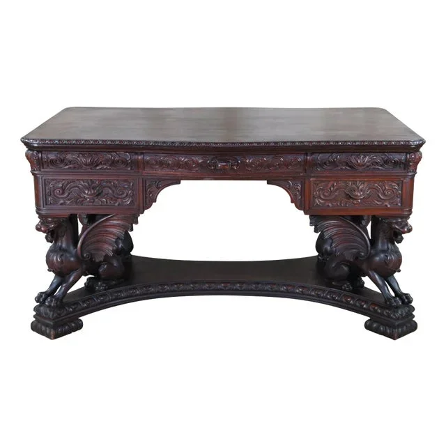 Antique Rj Horner Figural Carved Mahogany Griffin Library Table Partners Desk