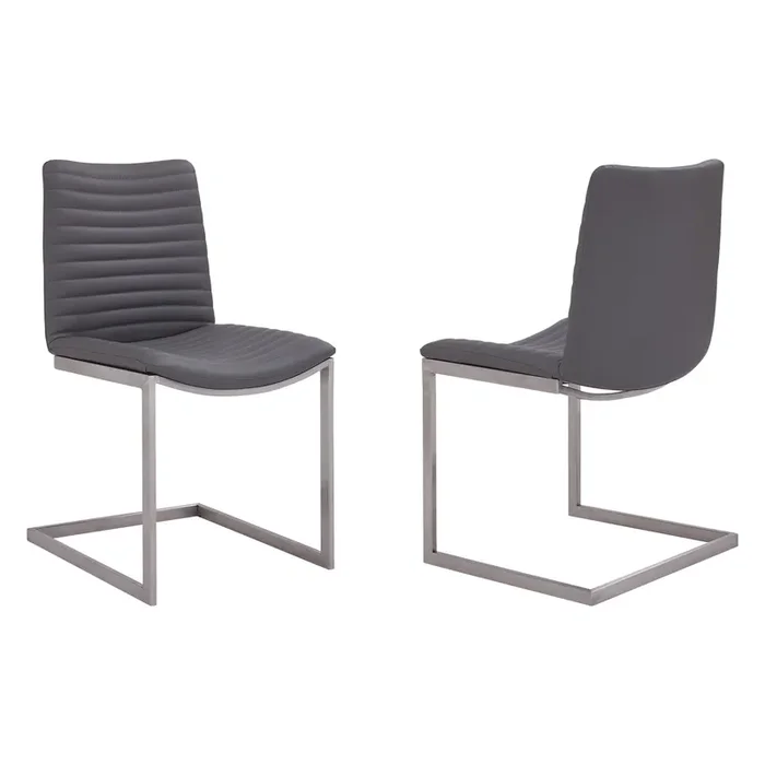 April Contemporary Dining Chair In Brushed Stainless Steel Finish And Grey Faux Leather – Set Of 2