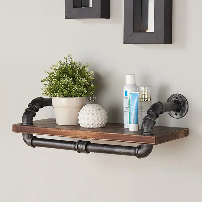 Armen Living 24″ Isadore Industrial Pine Wood Floating Wall Shelf In Gray And Walnut Finish