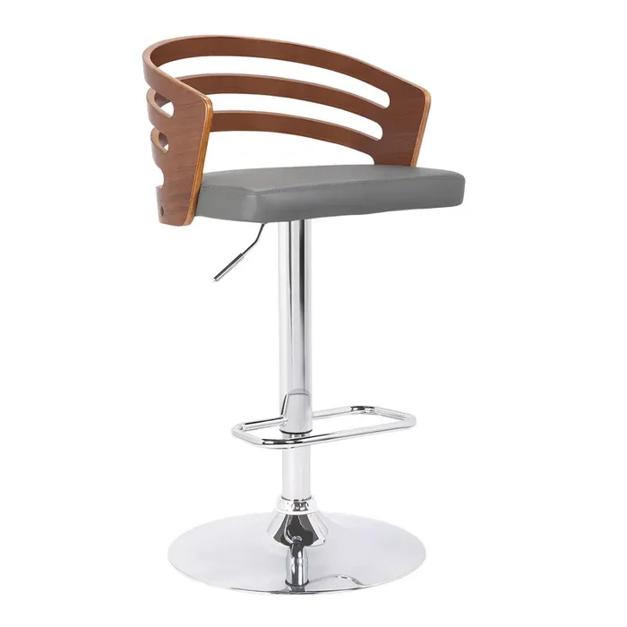 Armen Living Adele Mid-century Adjustable Swivel Barstool In Chrome With Grey Faux Leather And Walnut Veneer