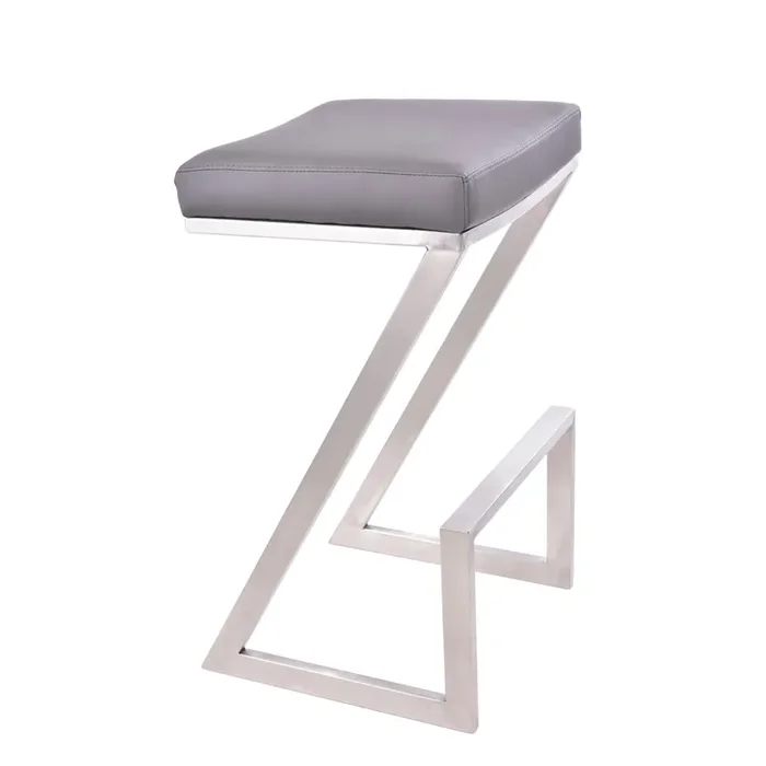 Armen Living Atlantis 26″ Counter Height Backless Barstool In Brushed Stainless Steel Finish With Grey Faux Leather