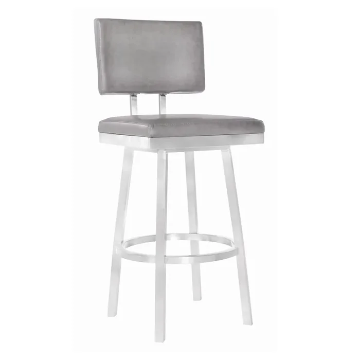 Armen Living Balboa 26” Counter Height Barstool In Brushed Stainless Steel And Vintage Grey Faux Leather