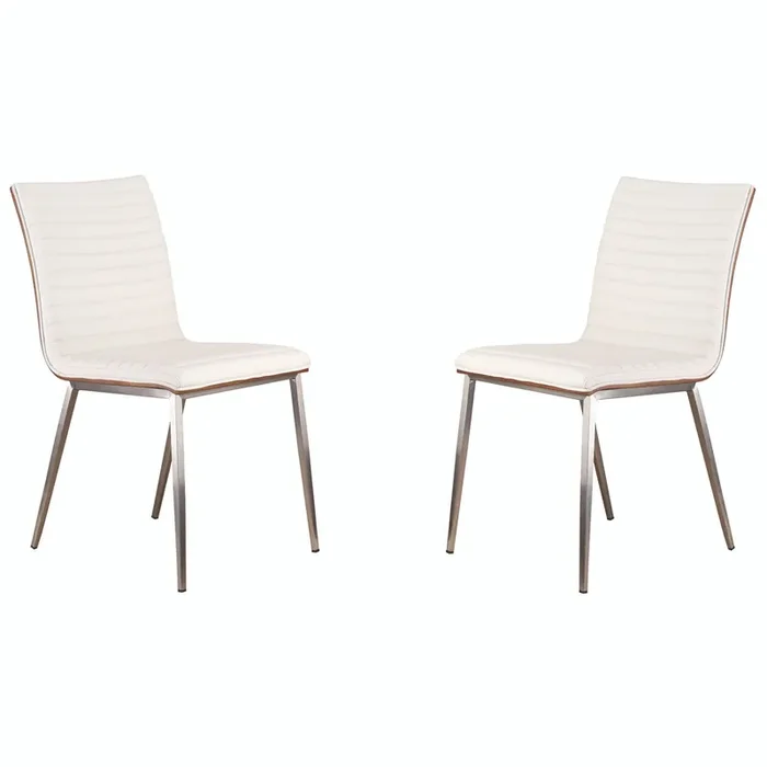 Armen Living Café Brushed Stainless Steel Dining Chair In White Faux Leather With Walnut Back – Set Of 2