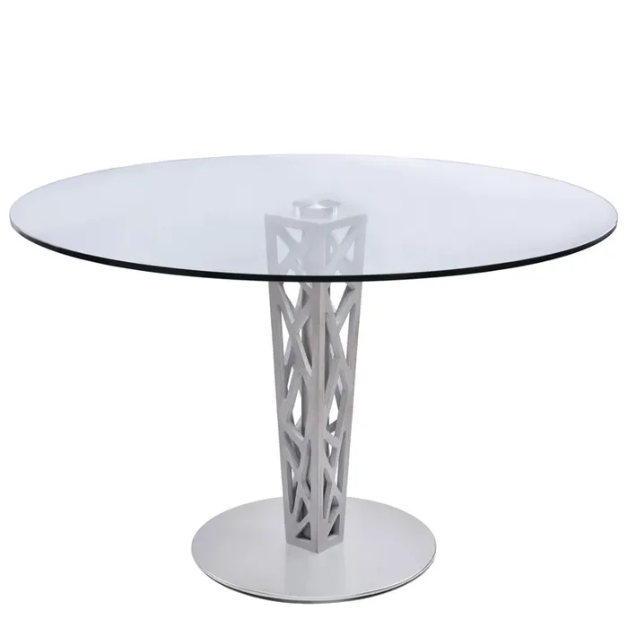 Armen Living Crystal 48″ Round Dining Table In Gray Walnut Veneer Column And Brushed Stainless Steel Finish With Clear Tempered Glass Top