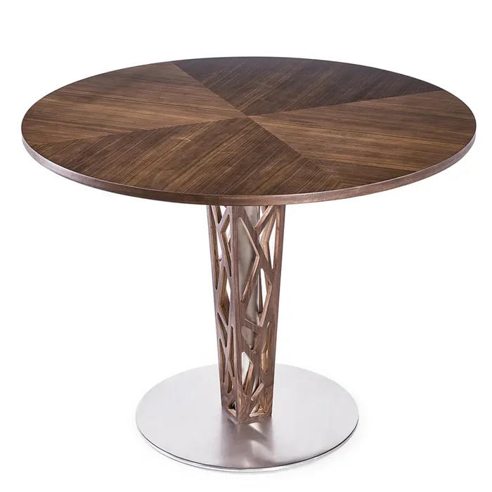 Armen Living Crystal 48″ Round Dining Table In Walnut Veneer Column And Brushed Stainless Steel Finish With Walnut Veneer Wood Top
