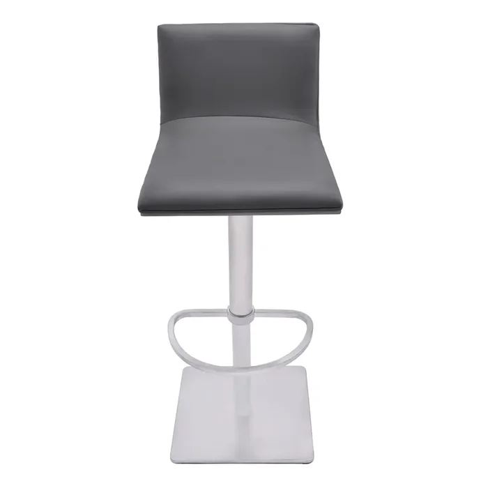Armen Living Crystal Adjustable Swivel Barstool In Gray Faux Leather With Brushed Stainless Steel Finish And Gray Walnut Veneer Back