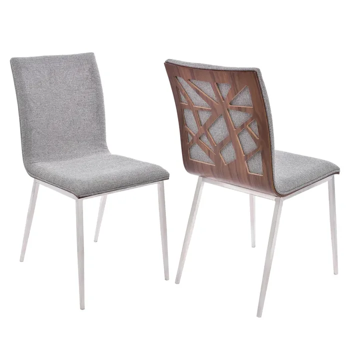 Armen Living Crystal Dining Chair In Brushed Stainless Steel Finish With Grey Fabric And Walnut Back – Set Of 2