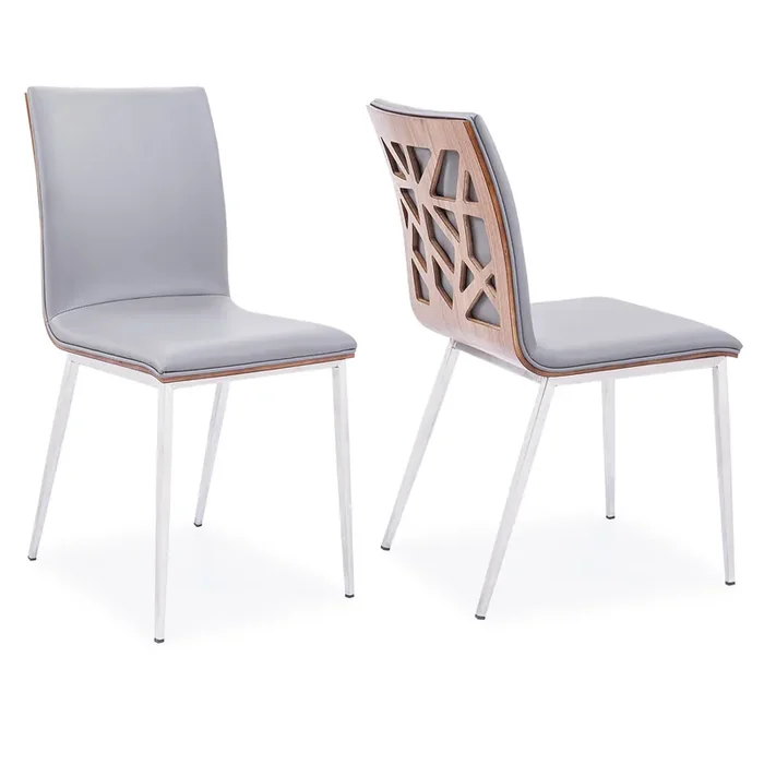 Armen Living Crystal Dining Chair In Brushed Stainless Steel Finish With Grey Faux Leather And Walnut Back – Set Of 2