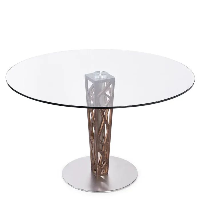 Armen Living Crystal Round Dining Table In Brushed Stainless Steel Finish With Walnut Veneer Column And 48″ Glass Top