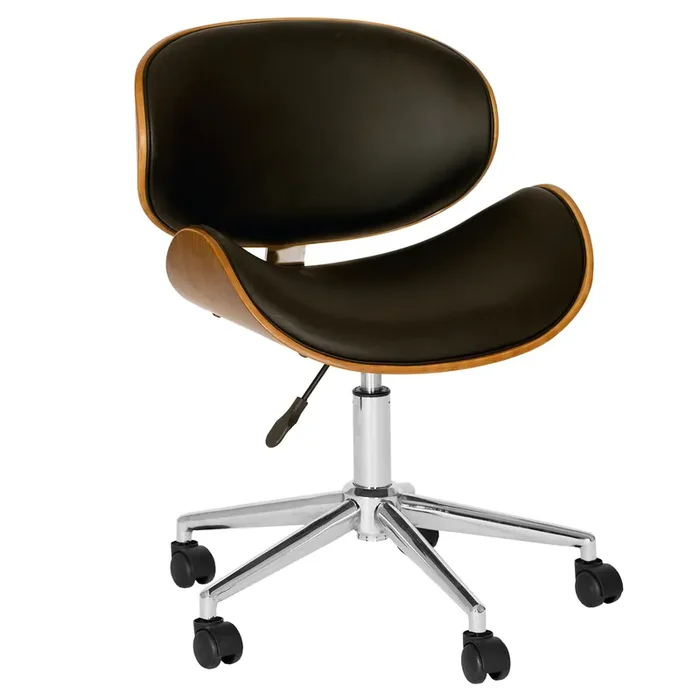 Armen Living Daphne Modern Office Chair In Chrome Finish With Black Faux Leather And Walnut Veneer Back