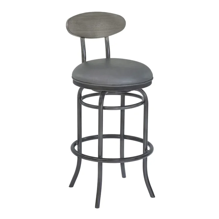 Armen Living Davis 30″ Bar Height Metal Swivel Barstool In Vintage Gray Faux Leather With Mineral Finish And Gray Walnut Wood Back