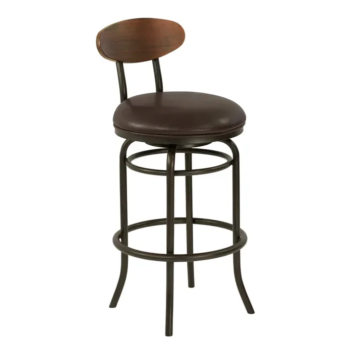 Armen Living Davis Mid-century 26″ Counter Height Metal Swivel Barstool In Auburn Bay Finish With Ford Brown Leather And Sedona Wood Back