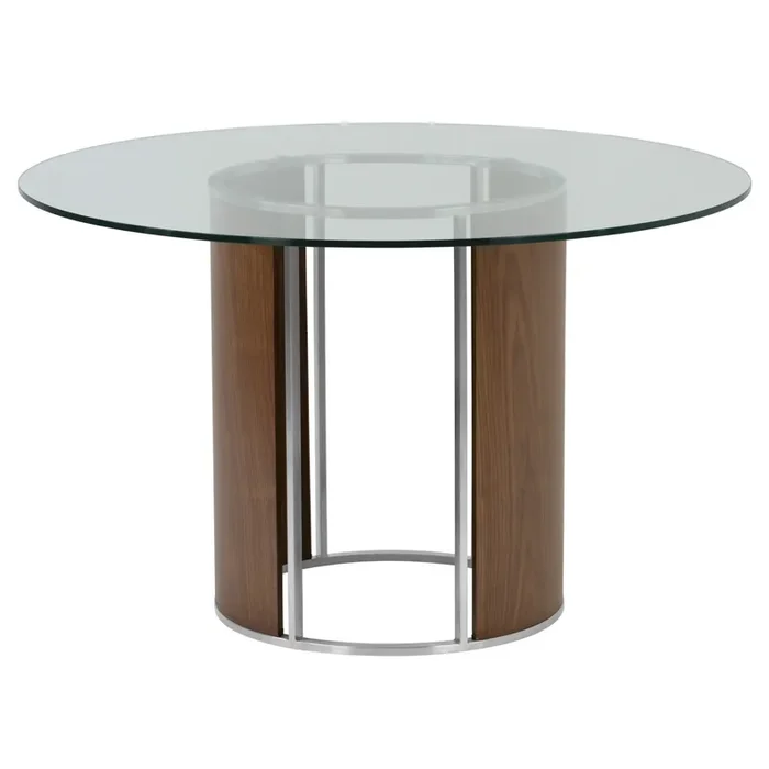 Armen Living Delano Round Dining Table In Brushed Stainless Steel With Clear Tempered Glass Top And Walnut Column