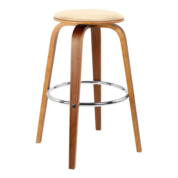 Armen Living Harbor 26″ Mid-century Swivel Counter Height Backless Barstool In Cream Faux Leather With Walnut Veneer