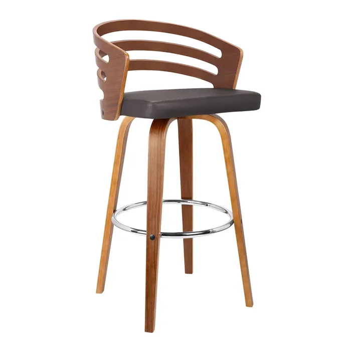 Armen Living Jayden 30″ Mid-century Swivel Bar Height Barstool In Brown Faux Leather With Walnut Veneer
