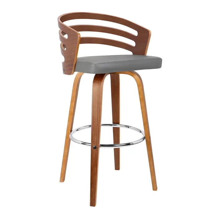 Armen Living Jayden 30″ Mid-century Swivel Bar Height Barstool In Grey Faux Leather With Walnut Veneer