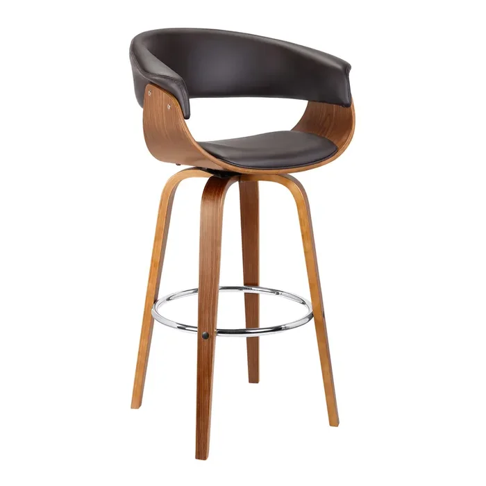 Armen Living Julyssa 30″ Mid-century Swivel Bar Height Barstool In Brown Faux Leather With Walnut Wood