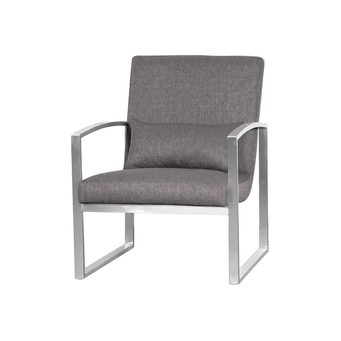 Armen Living Leonard Contemporary Accent Chair In Brushed Stainless Steel With Grey Fabric