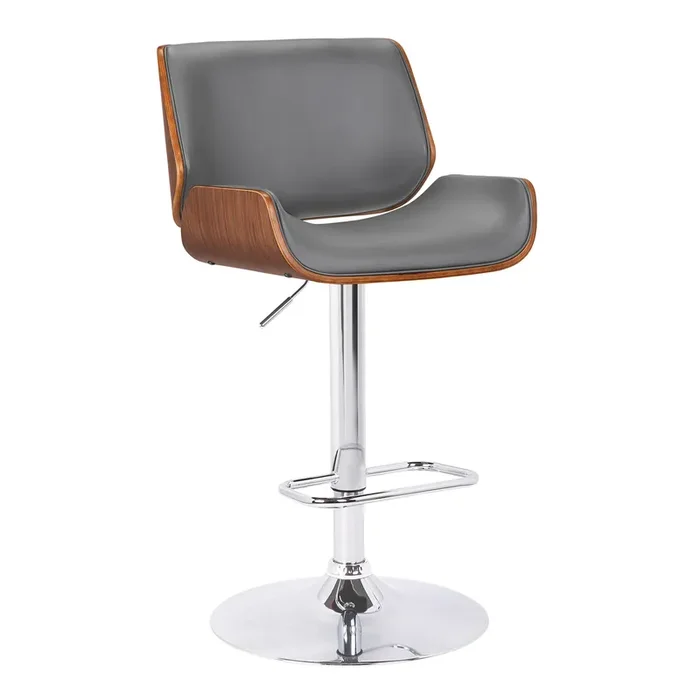 Armen Living London Contemporary Swivel Barstool In Grey Faux Leather With Chrome And Walnut Wood