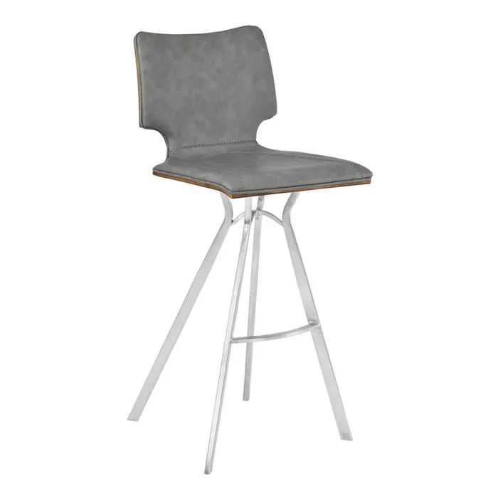 Armen Living Marley 30″ Bar Height Barstool In Brushed Stainless Steel With Vintage Grey Faux Leather And Walnut Wood Back