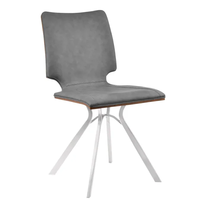 Armen Living Marley Contemporary Dining Chair In Brushed Stainless Steel With Vintage Grey Faux Leather And Walnut Wood Back – Set Of 2