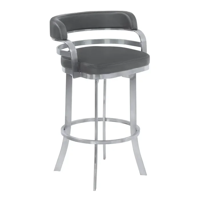 Armen Living Prinz 26″ Counter Height Metal Swivel Barstool In Gray Faux Leather With Brushed Stainless Steel Finish