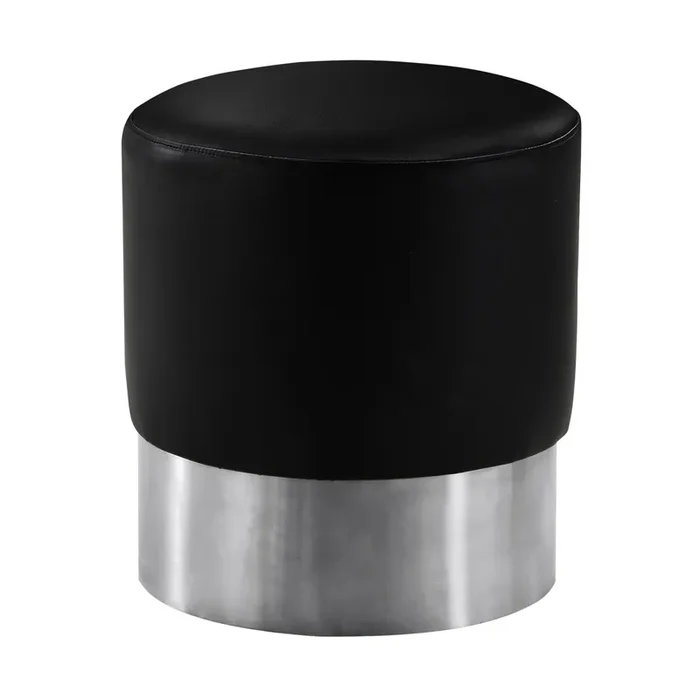 Armen Living Tabitha Contemporary Round Ottoman In Brushed Stainless Steel With Black Faux Leather