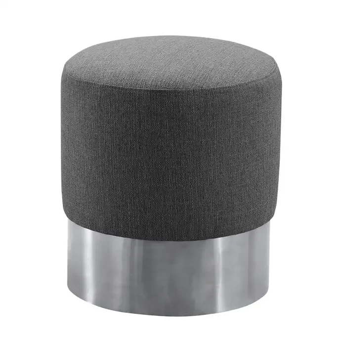 Armen Living Tabitha Contemporary Round Ottoman In Brushed Stainless Steel With Grey Fabric
