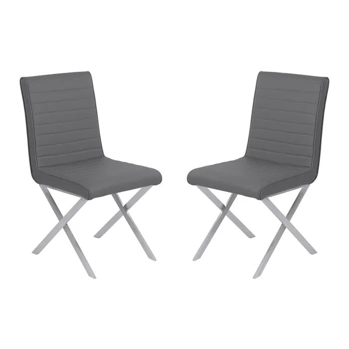 Armen Living Tempe Contemporary Dining Chair In Gray Faux Leather With Brushed Stainless Steel Finish – Set Of 2