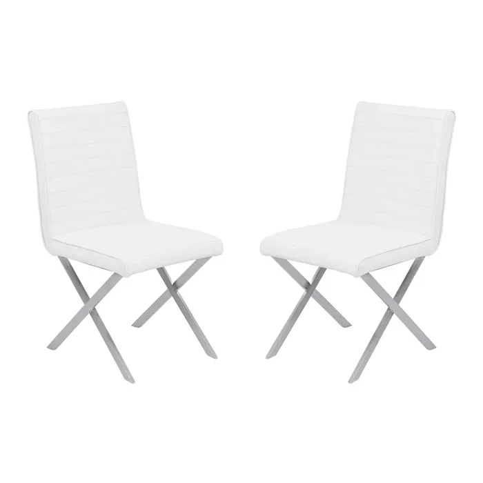 Armen Living Tempe Contemporary Dining Chair In White Faux Leather With Brushed Stainless Steel Finish – Set Of 2