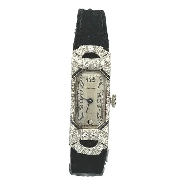 Art Deco Diamond Platinum Hand Wind Elongated Ladies Watch