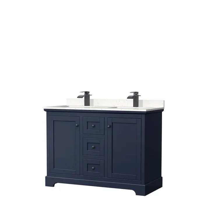 Avery 48 Inch Double Bathroom Vanity In Dark Blue, Carrara Cultured Marble Countertop, Undermount Square Sinks, Matte Black Trim