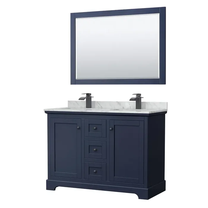 Avery 48 Inch Double Bathroom Vanity In Dark Blue, White Carrara Marble Countertop, Undermount Square Sinks, Matte Black Trim, 46 Inch Mirror