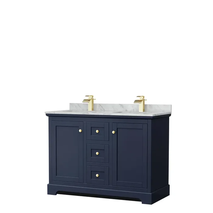 Avery 48 Inch Double Bathroom Vanity In Dark Blue, White Carrara Marble Countertop, Undermount Square Sinks, No Mirror