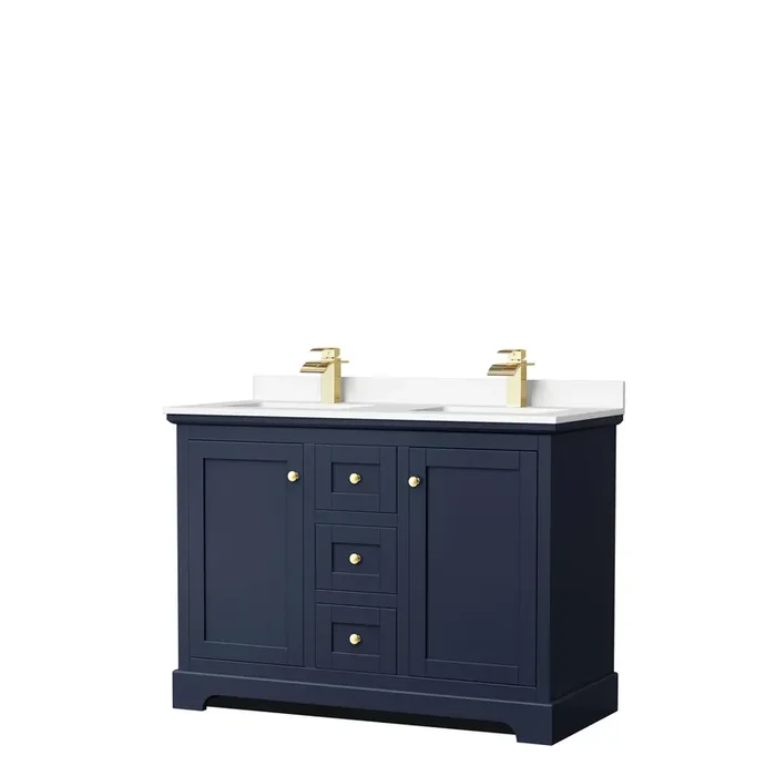 Avery 48 Inch Double Bathroom Vanity In Dark Blue, White Cultured Marble Countertop, Undermount Square Sinks, No Mirror