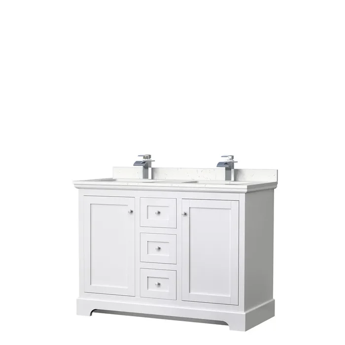 Avery 48 Inch Double Bathroom Vanity In White, Carrara Cultured Marble Countertop, Undermount Square Sinks, No Mirror