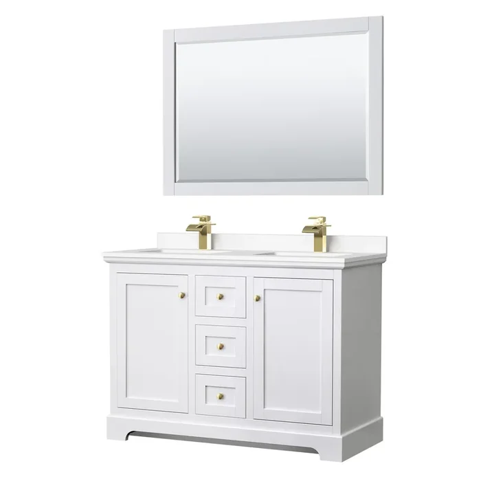 Avery 48 Inch Double Bathroom Vanity In White, White Cultured Marble Countertop, Undermount Square Sinks, 46 Inch Mirror, Brushed Gold Trim