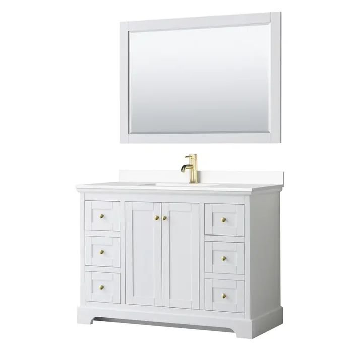 Avery 48 Inch Single Bathroom Vanity In White, White Cultured Marble Countertop, Undermount Square Sink, 46 Inch Mirror, Brushed Gold Trim